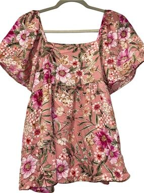 Mauve, Pink, Tan, Sage Floral Babydoll Flutter Sleeve Square Neckline Top 🌸 🌼